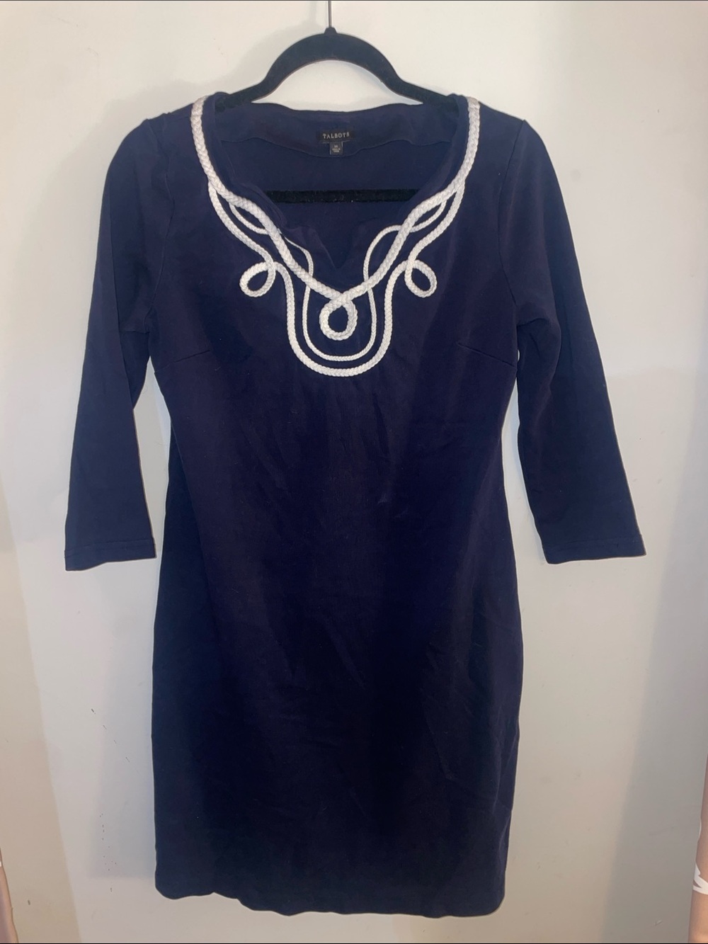 Talbots Navy Sheath Dress with White Rope Neckline